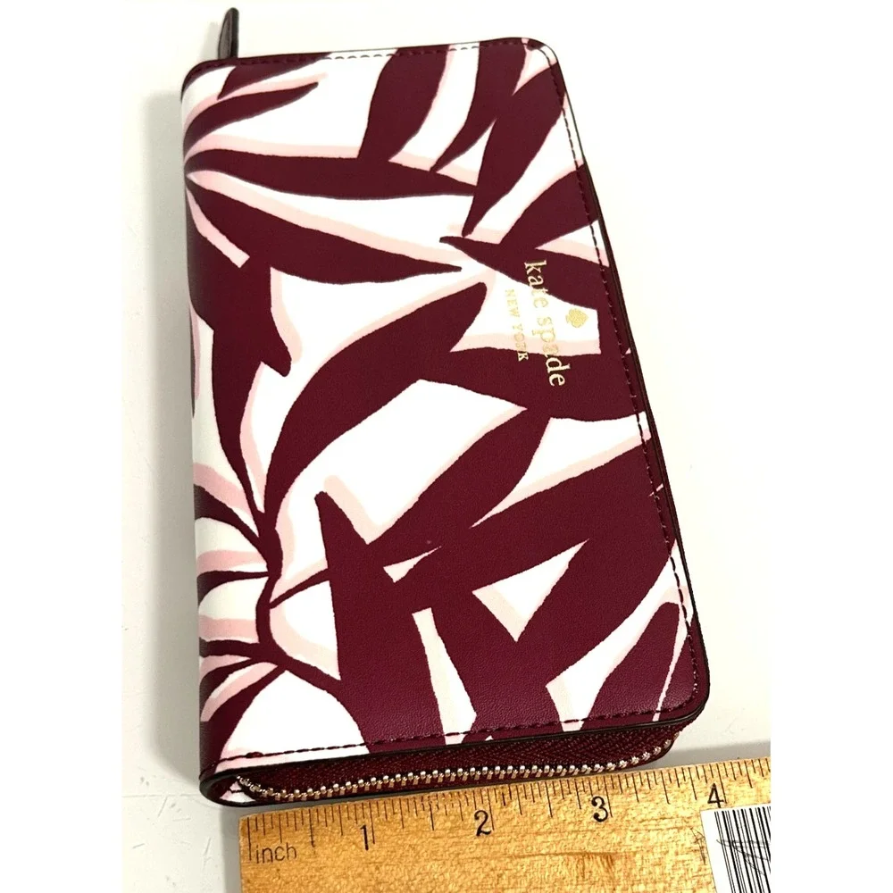 Kate Spade Jana Foliage Large Continental Wallet Zip Around Burgundy Pink NWOT